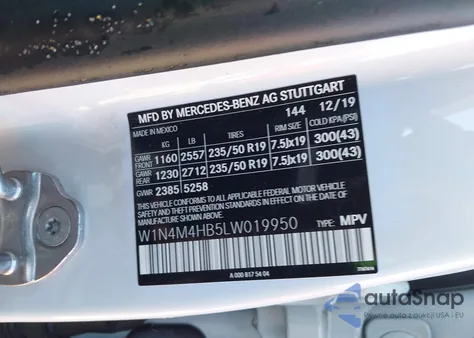 2020 Mercedes-Benz Glb 250 4Matic из США, поврежденный, VIN W1N4M4HB5LW019950